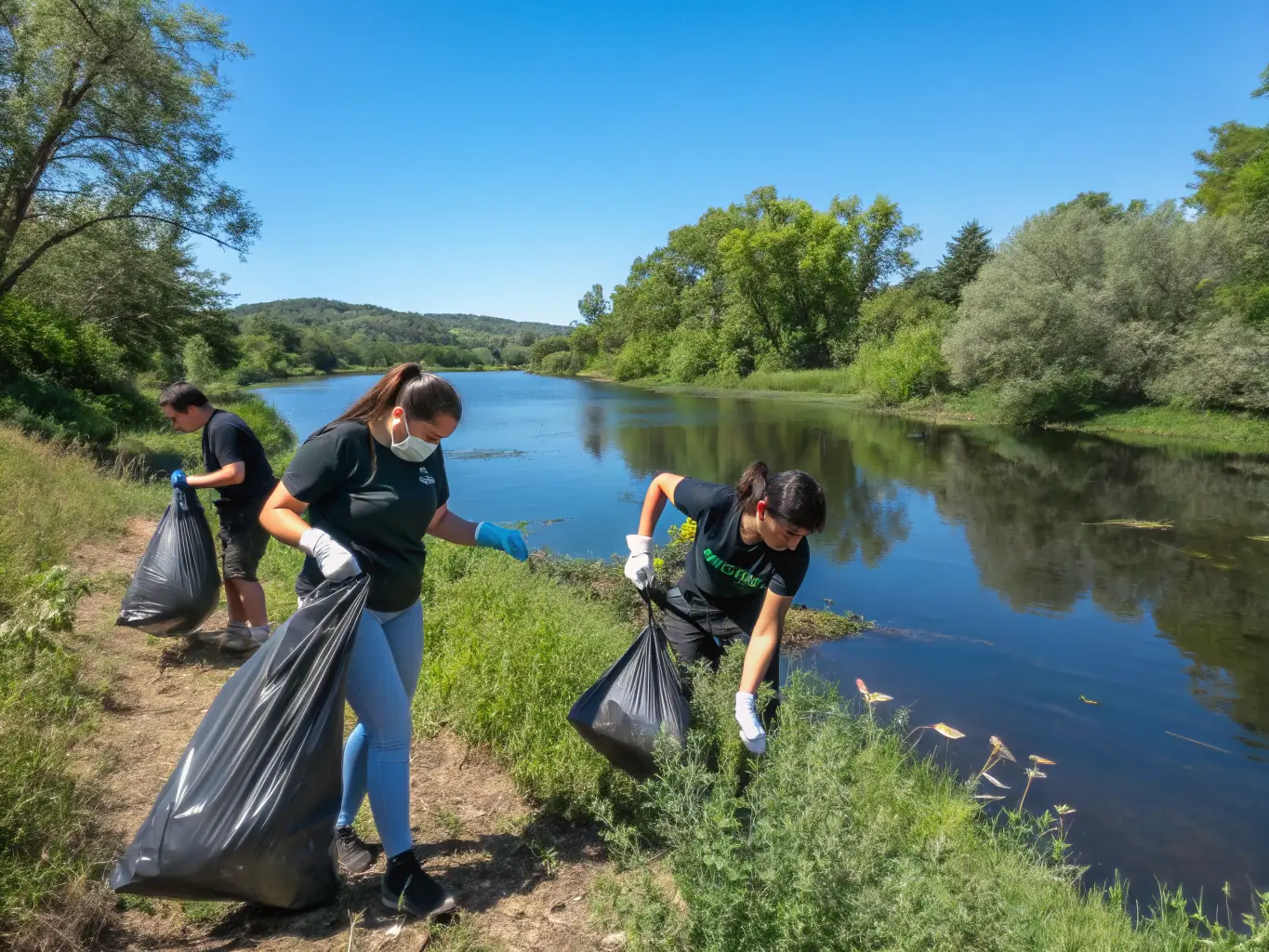 A group of volunteers participating in a river cleanup, removing debris and planting native vegetation to restore the habitat.