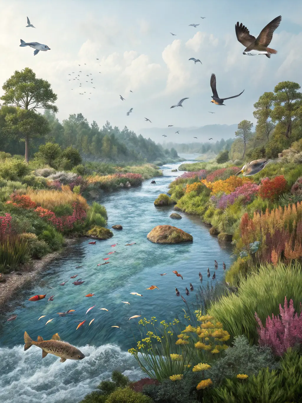 A vibrant image of a restored river habitat, showcasing the positive impact of the association's conservation efforts on local biodiversity.