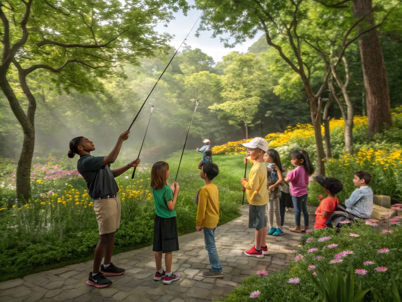 A photograph of a group of children participating in a fishing workshop, learning about sustainable fishing techniques and the importance of aquatic conservation.