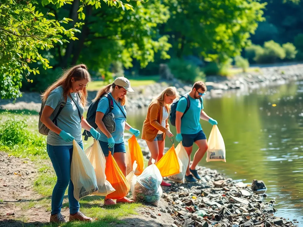 A serene image of a volunteer team collecting water samples from a clear, flowing river, surrounded by lush greenery, symbolizing water quality monitoring and conservation efforts.
