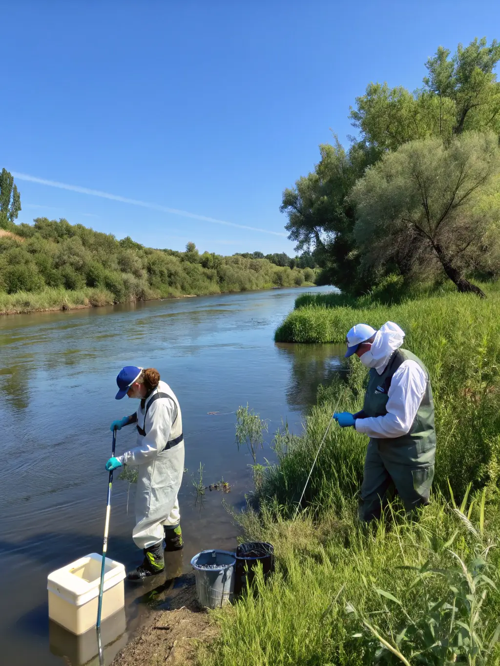A serene river scene with volunteers collecting water samples, showcasing the association's commitment to water quality monitoring and conservation efforts.