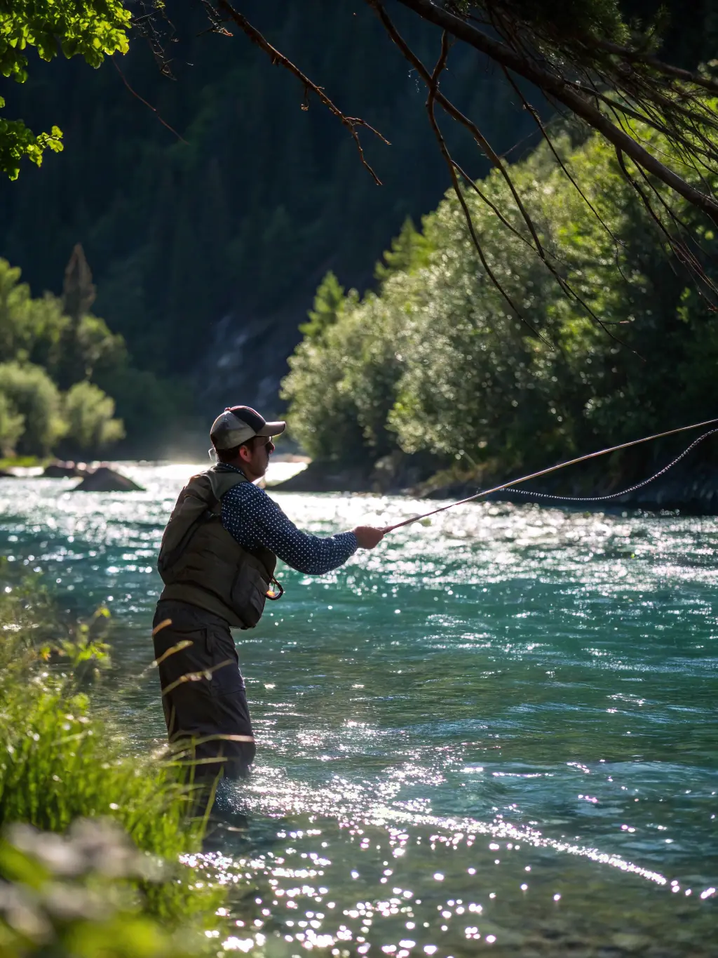 Fishermen practicing catch-and-release fishing with eco-friendly gear on a serene river, promoting sustainable fishing practices.