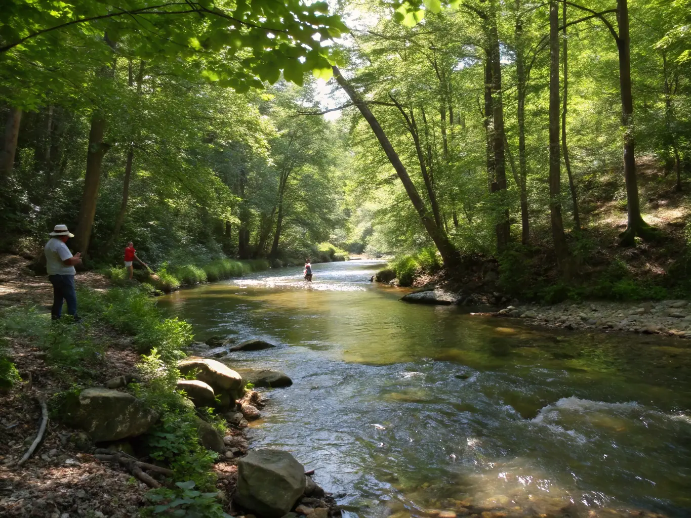 An image showcasing anglers practicing catch and release fishing in a scenic river, emphasizing sustainable fishing practices and the preservation of fish populations.