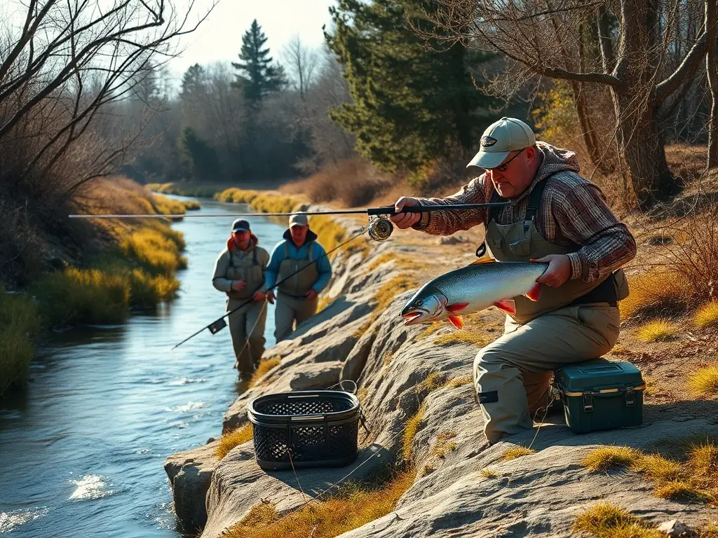 A serene river scene with fishermen using sustainable fishing gear, emphasizing catch and release, with lush greenery in the background.